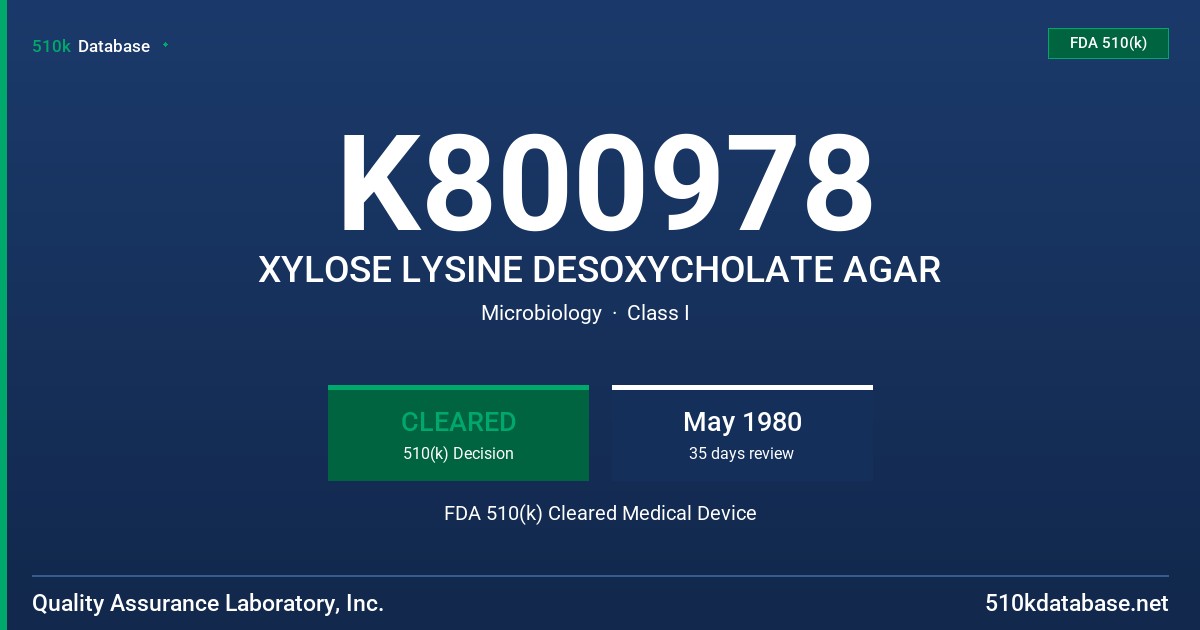 K800978 XYLOSE LYSINE DESOXYCHOLATE AGAR FDA 510(k) Cleared Medical Device