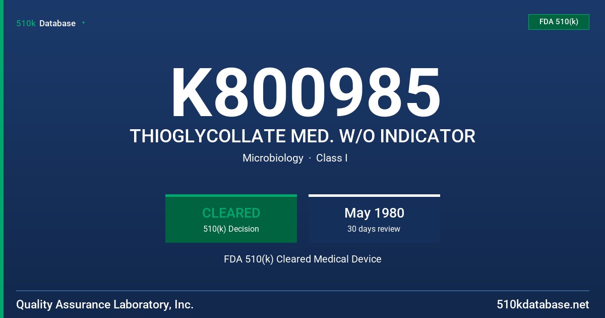 K800985 THIOGLYCOLLATE MED. W/O INDICATOR FDA 510(k) Cleared Medical Device