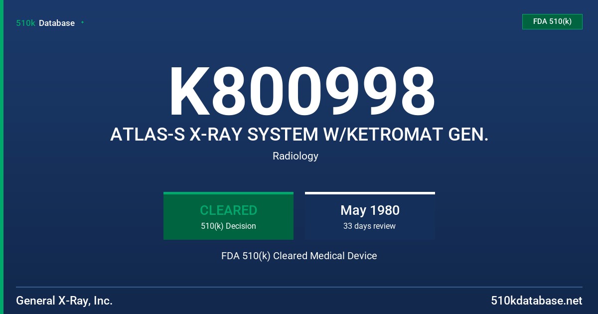 K800998 ATLAS-S X-RAY SYSTEM W/KETROMAT GEN. FDA 510(k) Cleared Medical Device