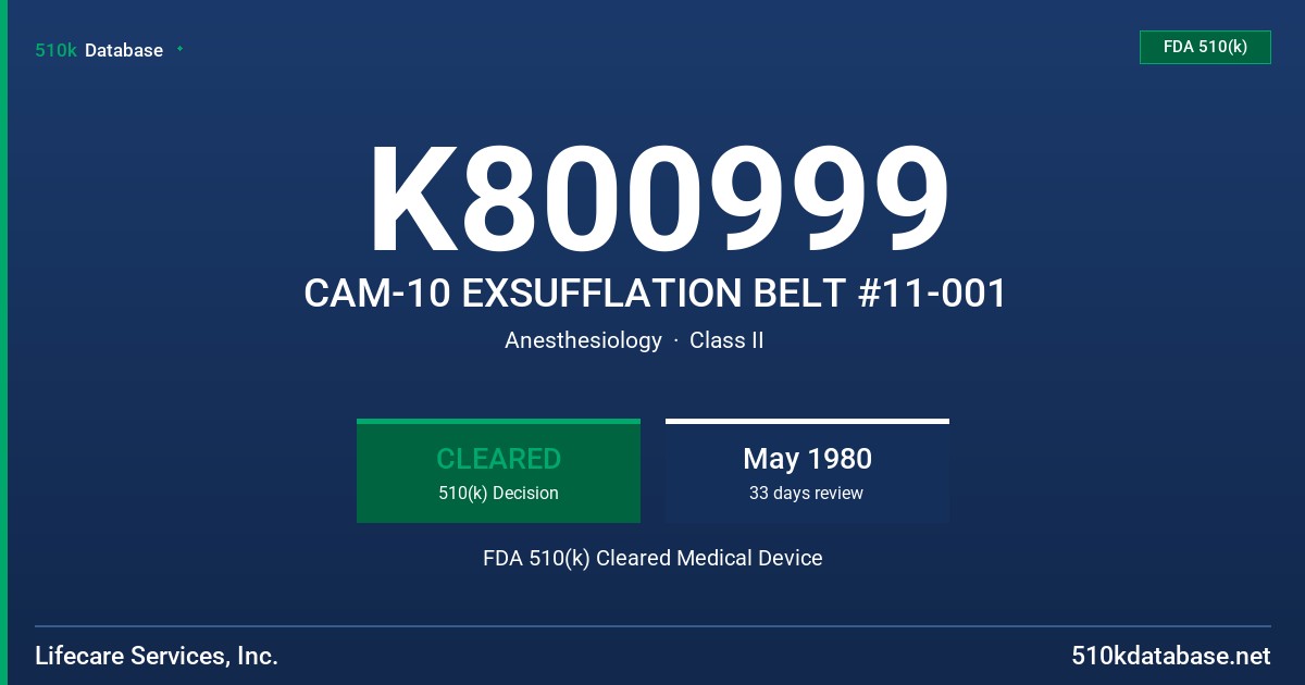 K800999 CAM-10 EXSUFFLATION BELT #11-001 FDA 510(k) Cleared Medical Device