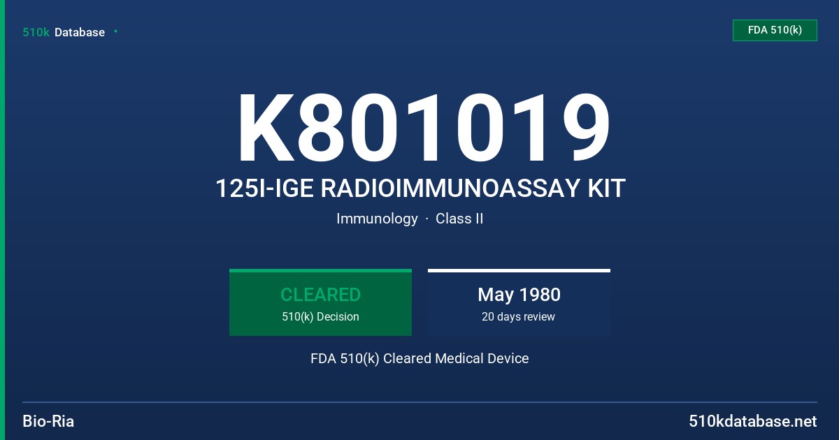 K801019 125I-IGE RADIOIMMUNOASSAY KIT FDA 510(k) Cleared Medical Device