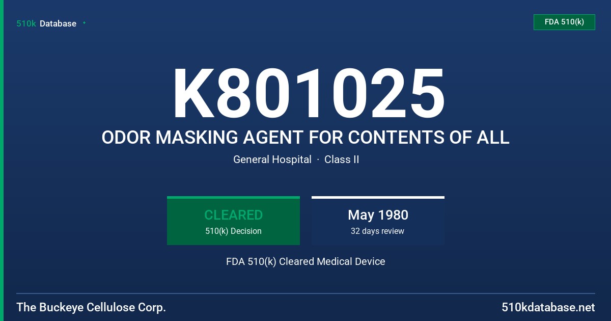 K801025 ODOR MASKING AGENT FOR CONTENTS OF ALL FDA 510(k) Cleared Medical Device
