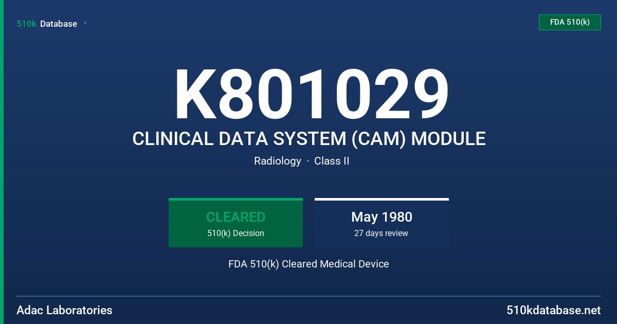 K801029 CLINICAL DATA SYSTEM (CAM) MODULE FDA 510(k) Cleared Medical Device