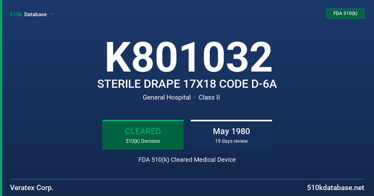 K801032 STERILE DRAPE 17X18 CODE D-6A FDA 510(k) Cleared Medical Device
