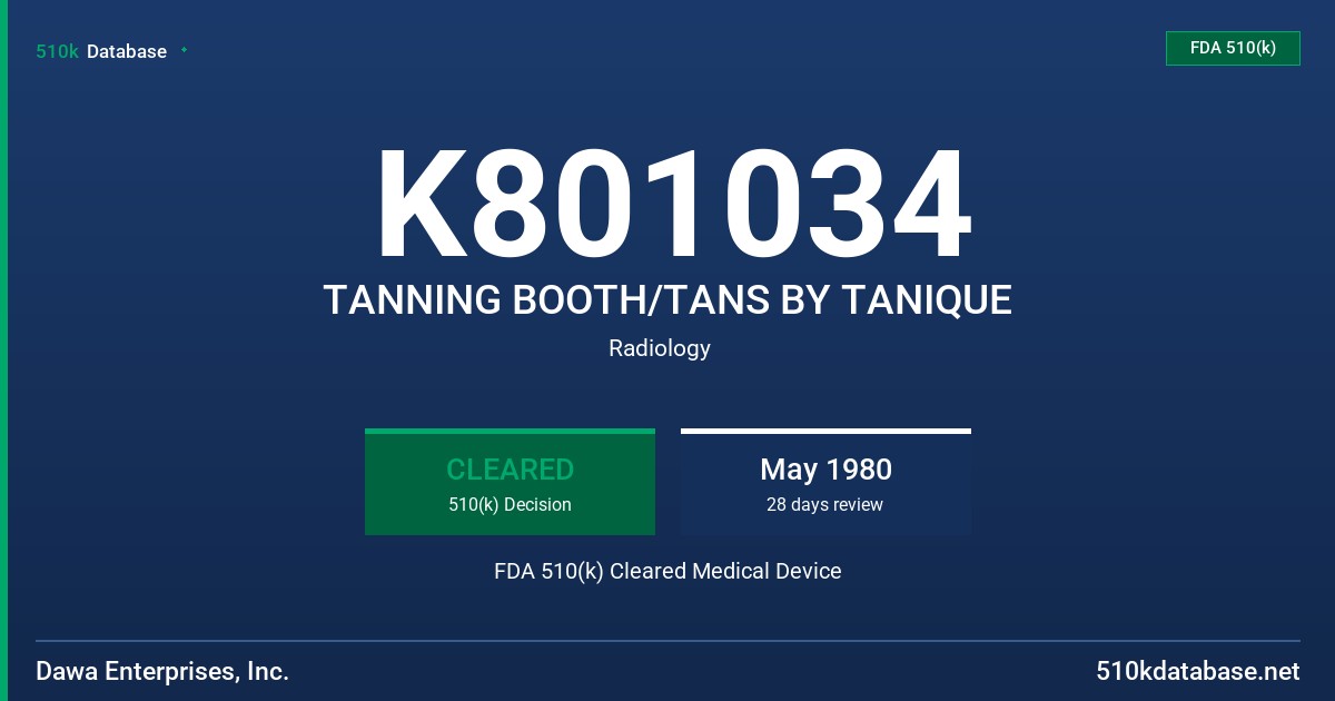 K801034 TANNING BOOTH/TANS BY TANIQUE FDA 510(k) Cleared Medical Device