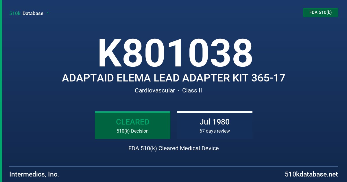 K801038 ADAPTAID ELEMA LEAD ADAPTER KIT 365-17 FDA 510(k) Cleared Medical Device