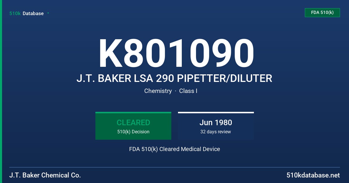 K801090 J.T. BAKER LSA 290 PIPETTER/DILUTER FDA 510(k) Cleared Medical Device