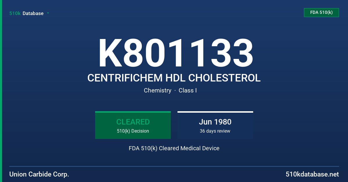 K801133 CENTRIFICHEM HDL CHOLESTEROL FDA 510(k) Cleared Medical Device