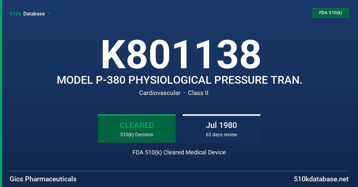 K801138 MODEL P-380 PHYSIOLOGICAL PRESSURE TRAN. FDA 510(k) Cleared Medical Device