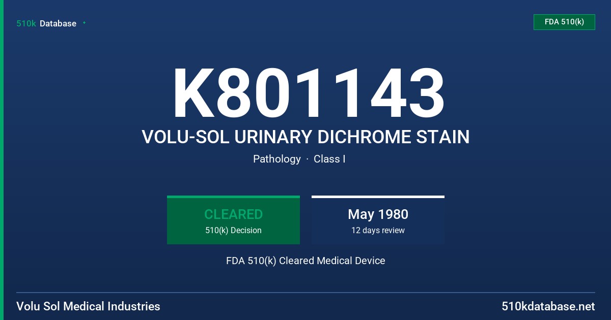 K801143 VOLU-SOL URINARY DICHROME STAIN FDA 510(k) Cleared Medical Device