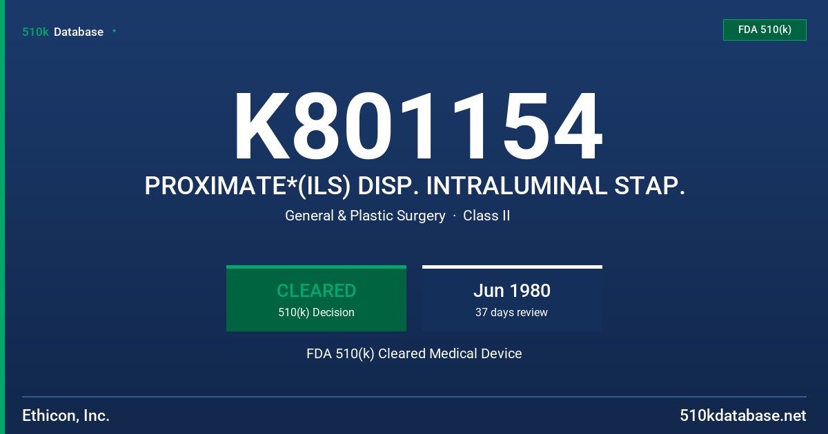 K801154 PROXIMATE*(ILS) DISP. INTRALUMINAL STAP. FDA 510(k) Cleared Medical Device