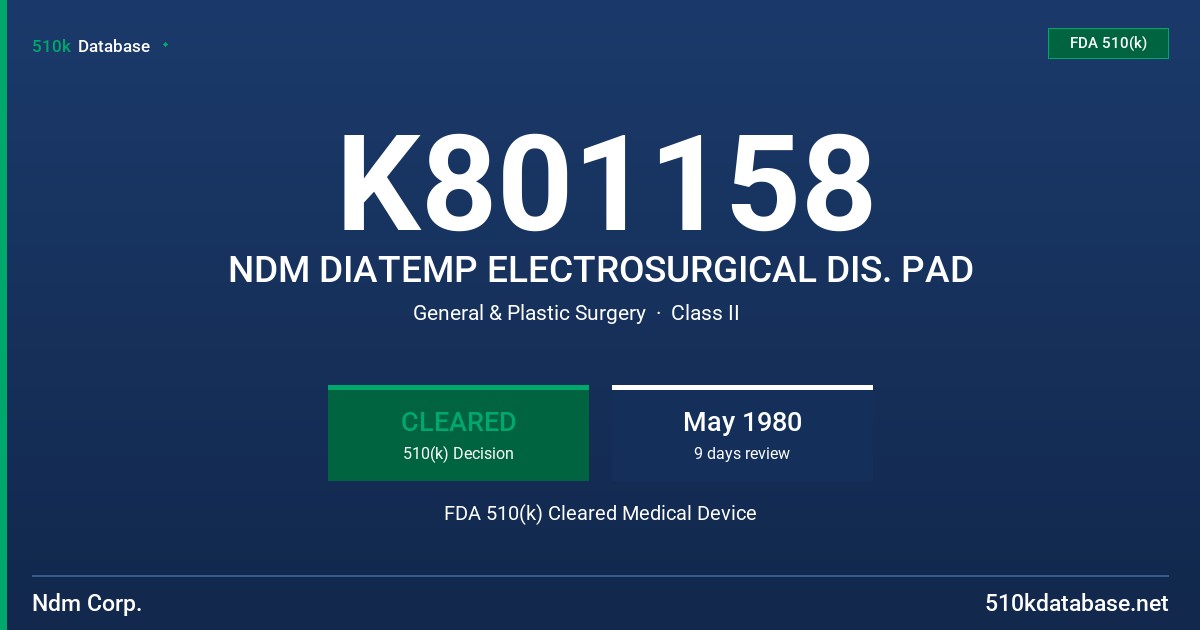 K801158 NDM DIATEMP ELECTROSURGICAL DIS. PAD FDA 510(k) Cleared Medical Device