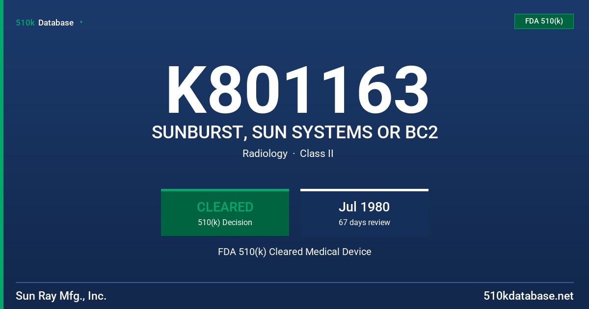 K801163 SUNBURST, SUN SYSTEMS OR BC2 FDA 510(k) Cleared Medical Device