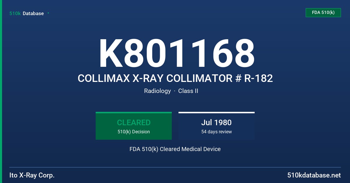 K801168 COLLIMAX X-RAY COLLIMATOR # R-182 FDA 510(k) Cleared Medical Device