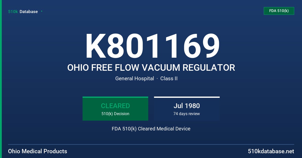 K801169 OHIO FREE FLOW VACUUM REGULATOR FDA 510(k) Cleared Medical Device