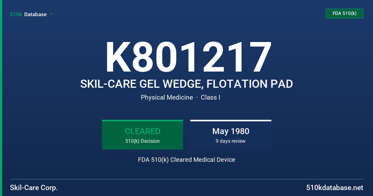 K801217 SKIL-CARE GEL WEDGE, FLOTATION PAD FDA 510(k) Cleared Medical Device