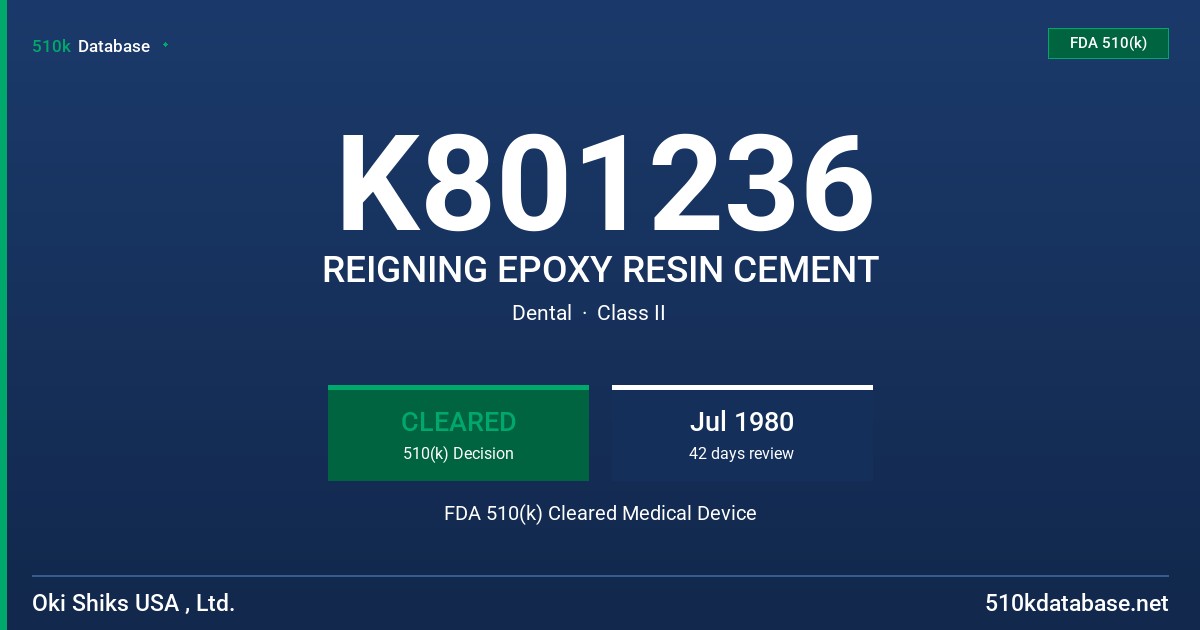 K801236 REIGNING EPOXY RESIN CEMENT FDA 510(k) Cleared Medical Device