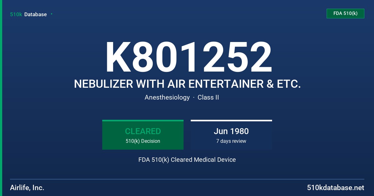 K801252 NEBULIZER WITH AIR ENTERTAINER & ETC. FDA 510(k) Cleared Medical Device