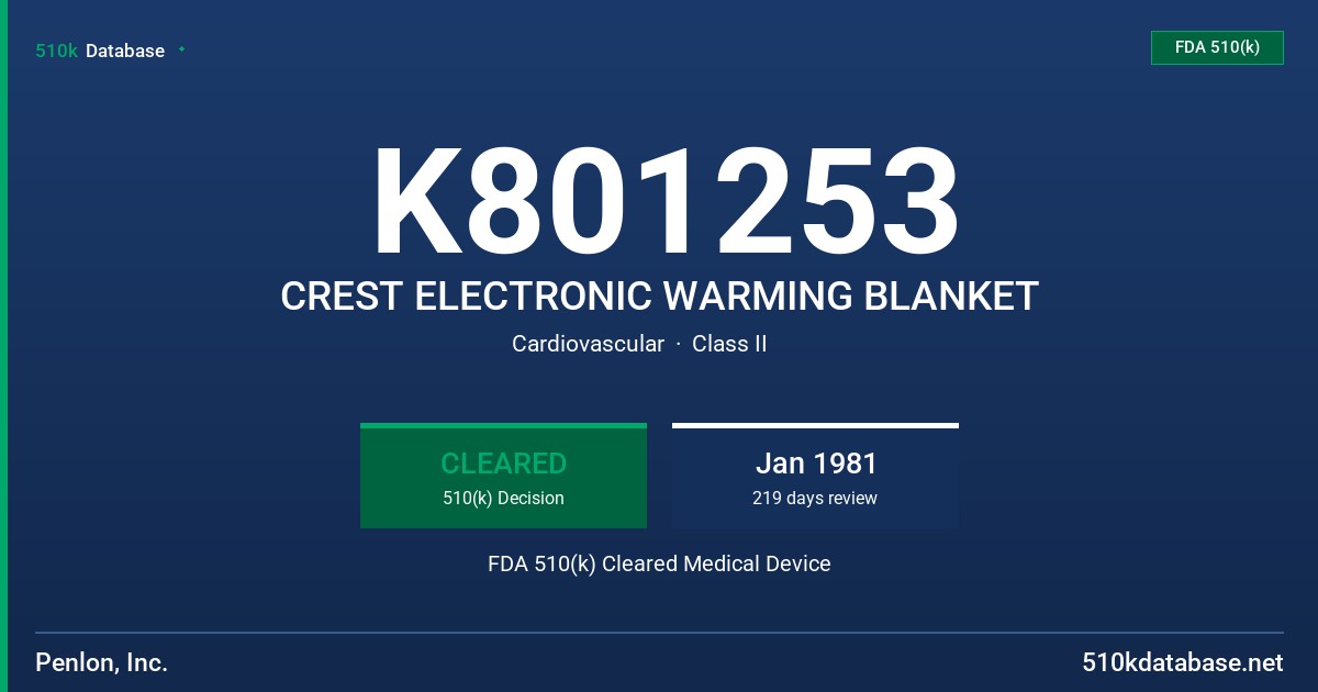 K801253 CREST ELECTRONIC WARMING BLANKET FDA 510(k) Cleared Medical Device