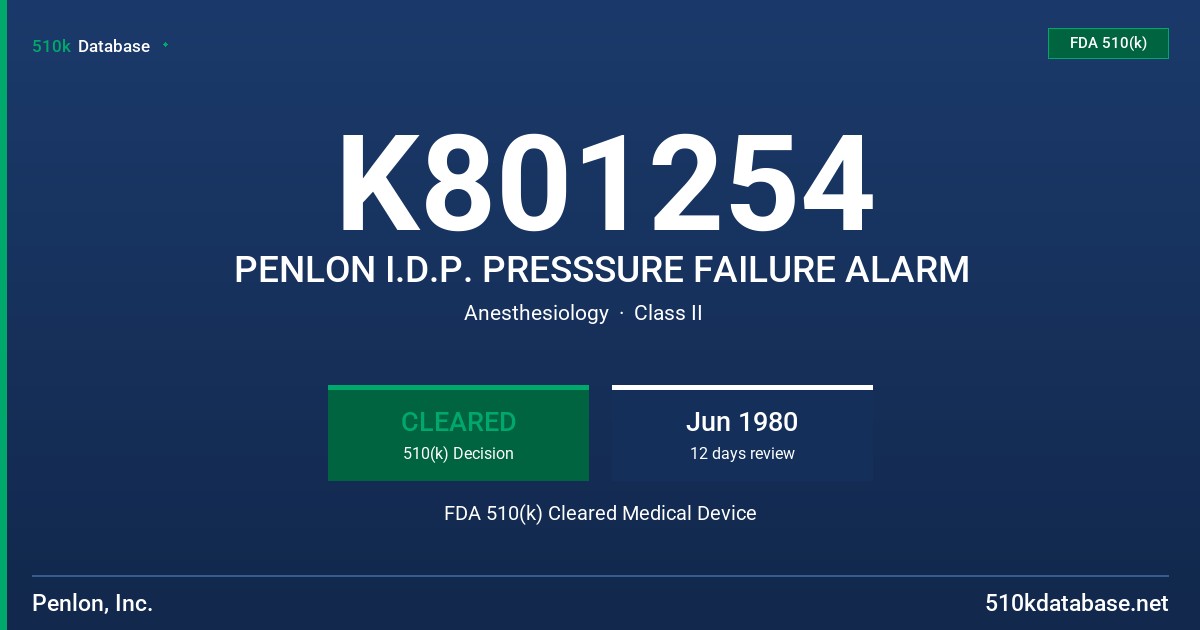 K801254 PENLON I.D.P. PRESSSURE FAILURE ALARM FDA 510(k) Cleared Medical Device
