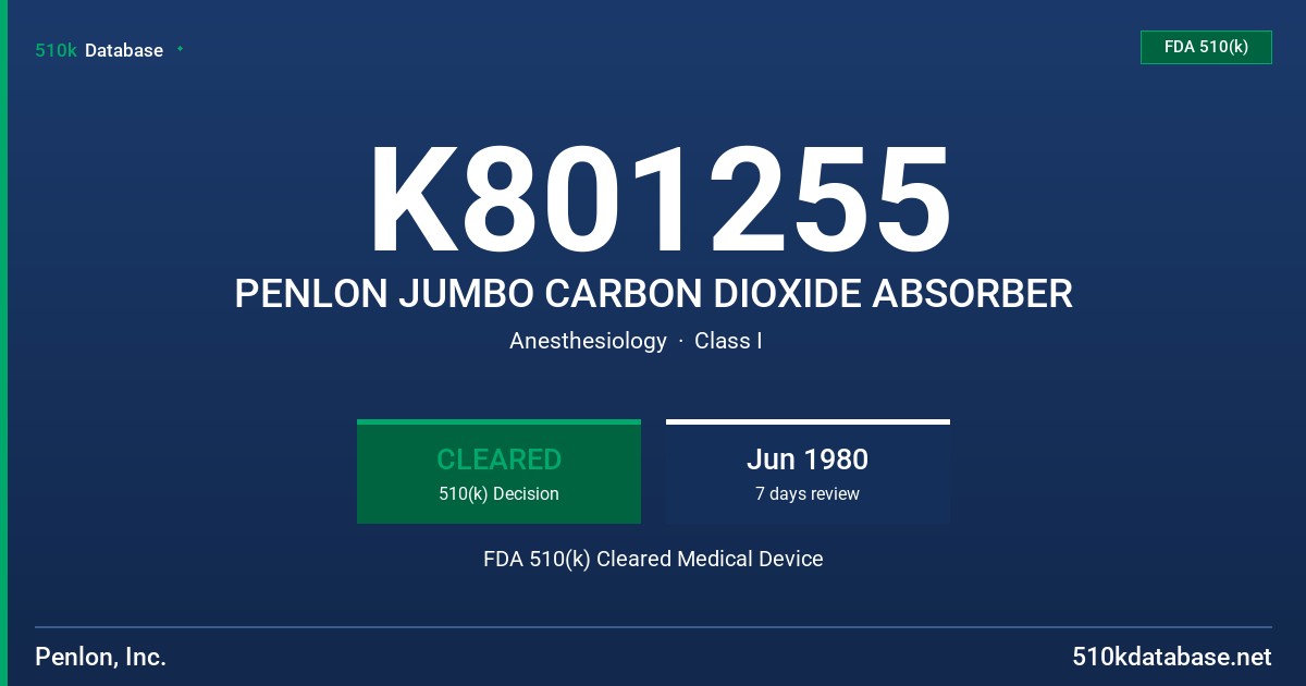 K801255 PENLON JUMBO CARBON DIOXIDE ABSORBER FDA 510(k) Cleared Medical Device