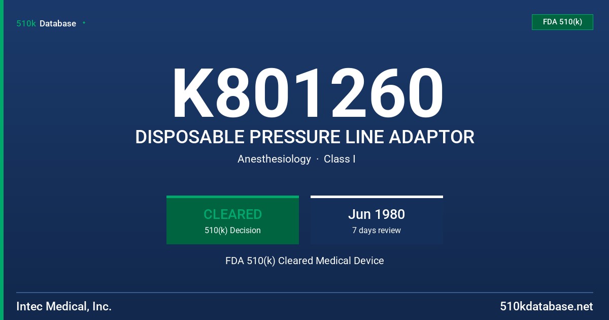 K801260 DISPOSABLE PRESSURE LINE ADAPTOR FDA 510(k) Cleared Medical Device