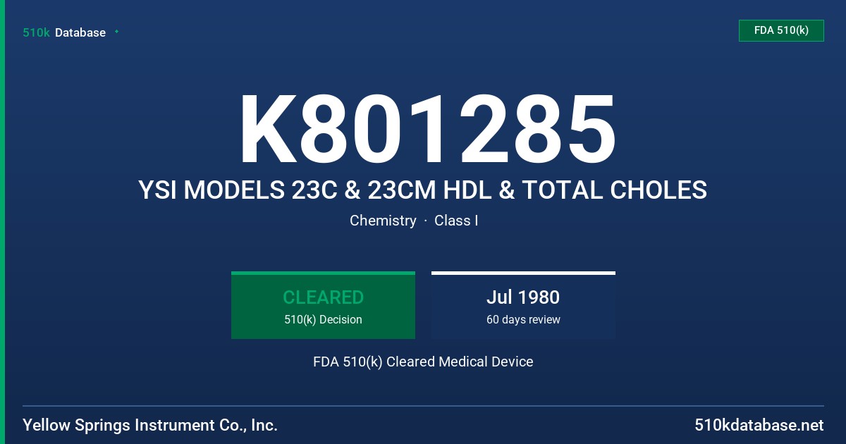 K801285 YSI MODELS 23C & 23CM HDL & TOTAL CHOLES FDA 510(k) Cleared Medical Device