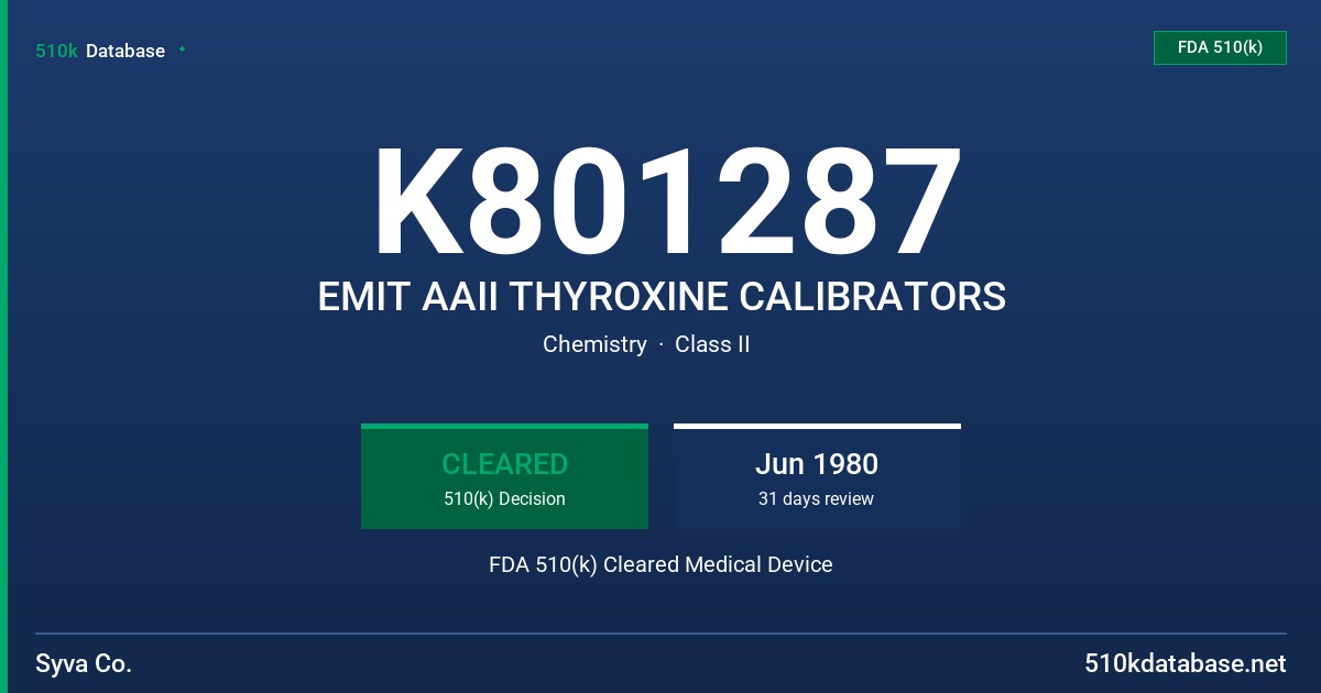 K801287 EMIT AAII THYROXINE CALIBRATORS FDA 510(k) Cleared Medical Device