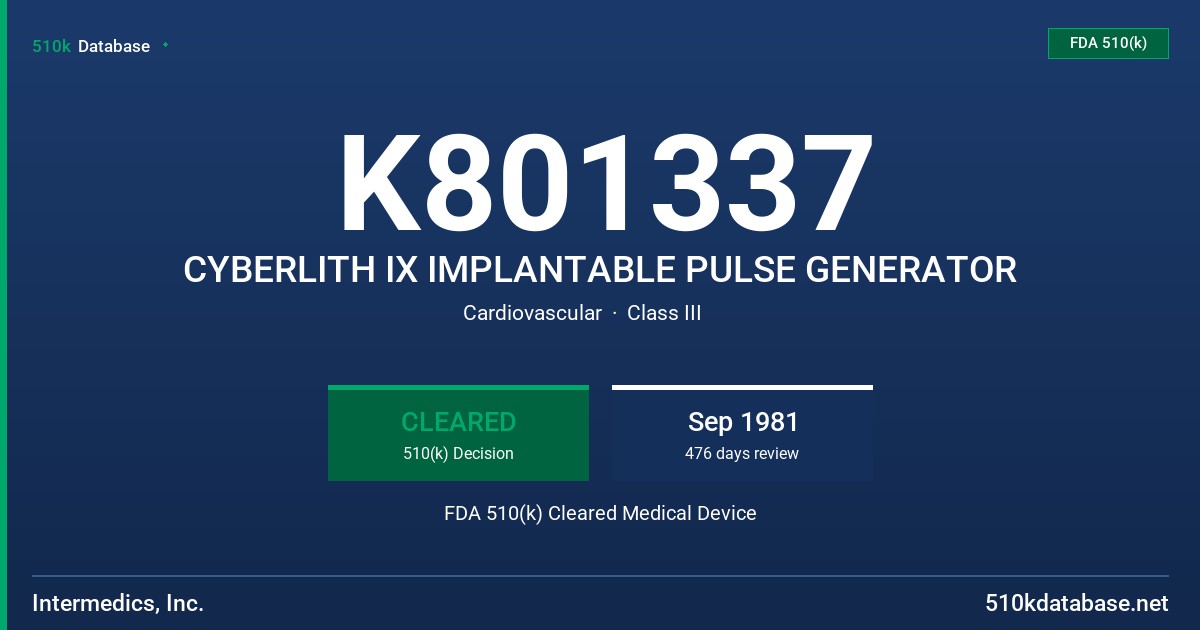 K801337 CYBERLITH IX IMPLANTABLE PULSE GENERATOR FDA 510(k) Cleared Medical Device