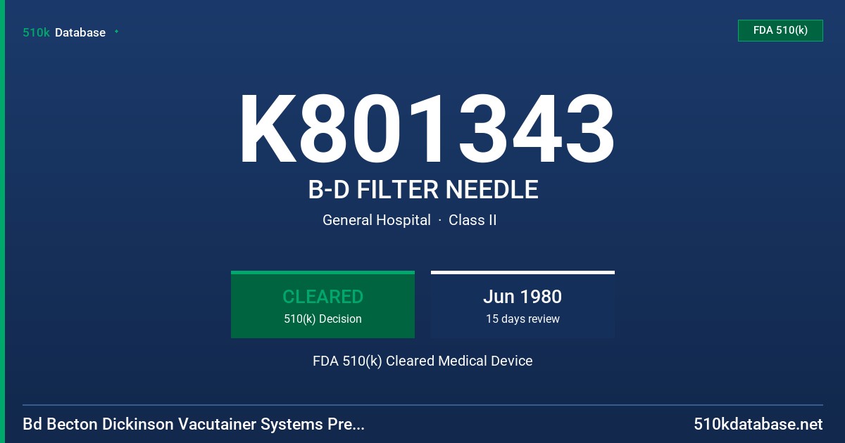 K801343 B-D FILTER NEEDLE FDA 510(k) Cleared Medical Device