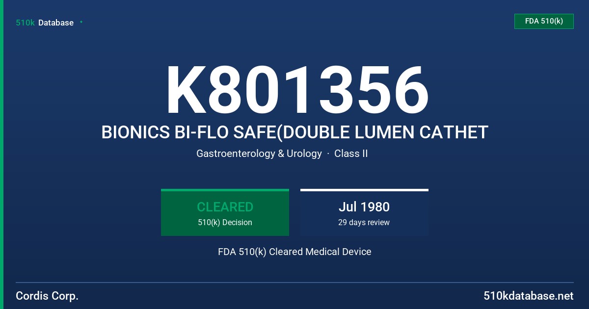 K801356 BIONICS BI-FLO SAFE(DOUBLE LUMEN CATHET FDA 510(k) Cleared Medical Device