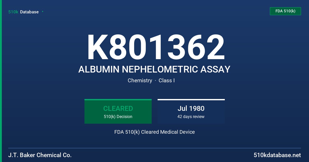 K801362 ALBUMIN NEPHELOMETRIC ASSAY FDA 510(k) Cleared Medical Device