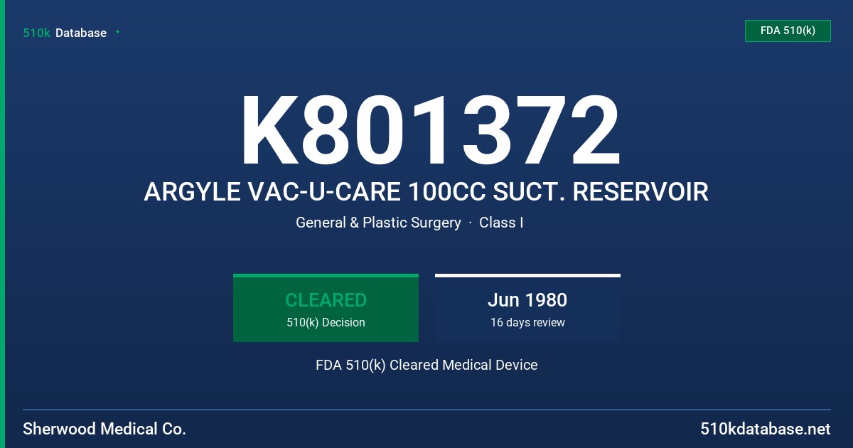 K801372 ARGYLE VAC-U-CARE 100CC SUCT. RESERVOIR FDA 510(k) Cleared Medical Device