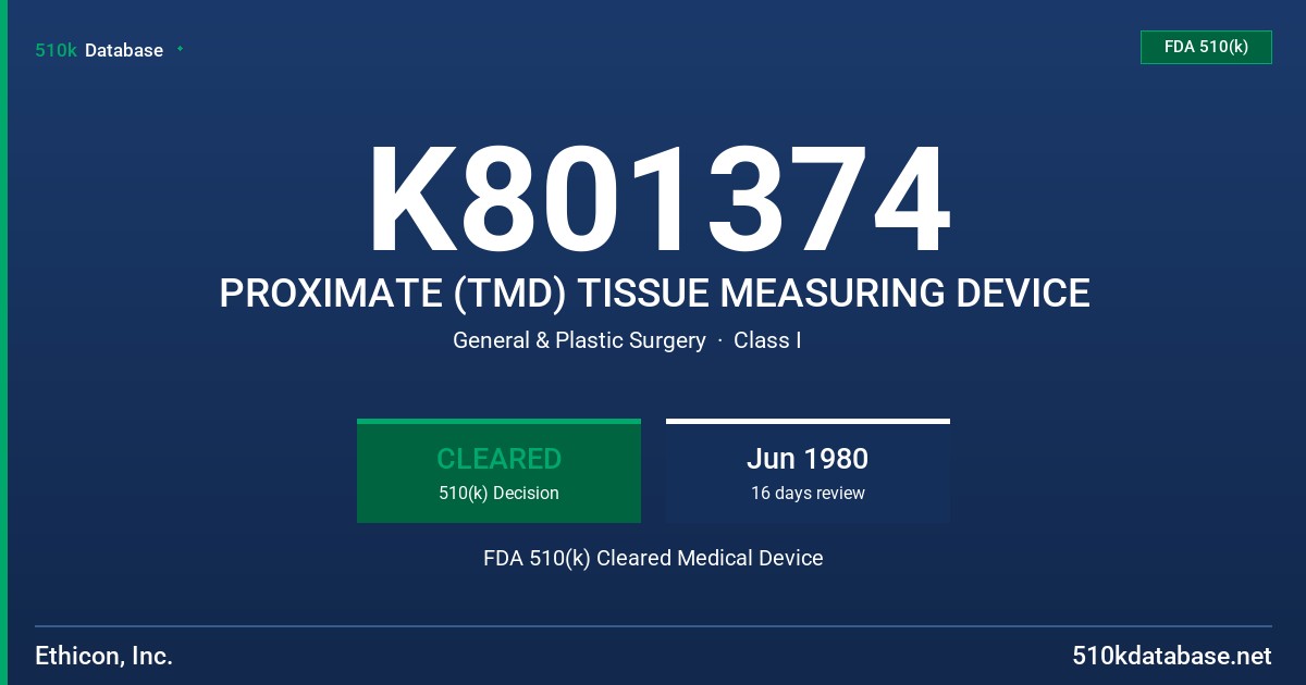 K801374 PROXIMATE (TMD) TISSUE MEASURING DEVICE FDA 510(k) Cleared Medical Device