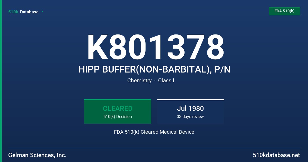 K801378 HIPP BUFFER(NON-BARBITAL), P/N FDA 510(k) Cleared Medical Device