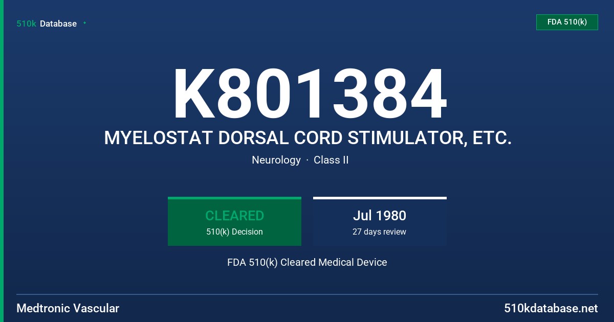 K801384 MYELOSTAT DORSAL CORD STIMULATOR, ETC. FDA 510(k) Cleared Medical Device