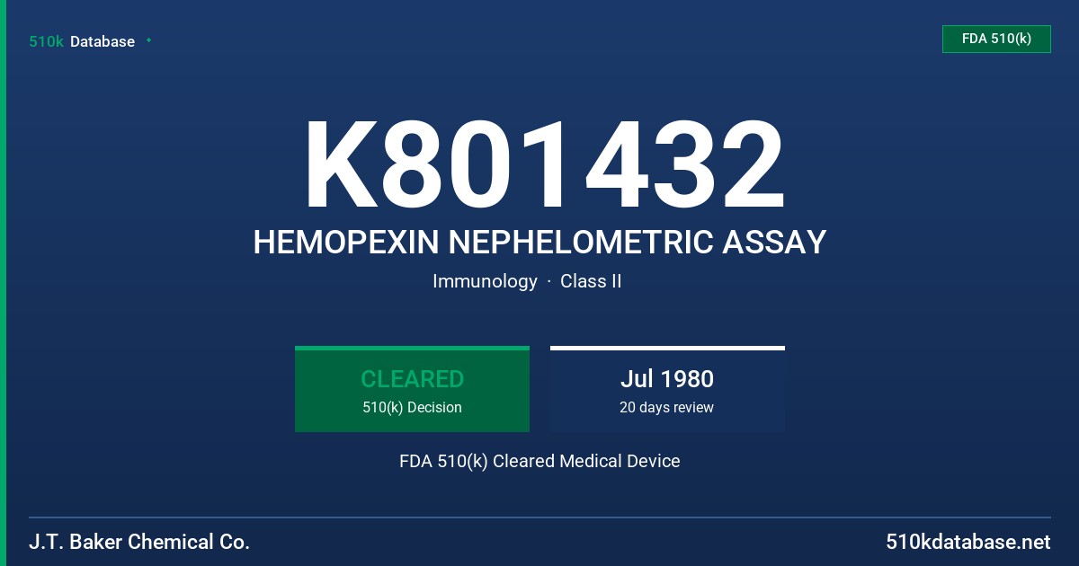 K801432 HEMOPEXIN NEPHELOMETRIC ASSAY FDA 510(k) Cleared Medical Device
