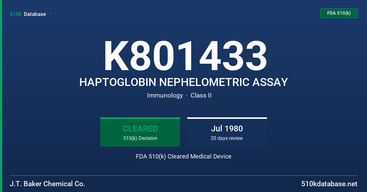 K801433 HAPTOGLOBIN NEPHELOMETRIC ASSAY FDA 510(k) Cleared Medical Device