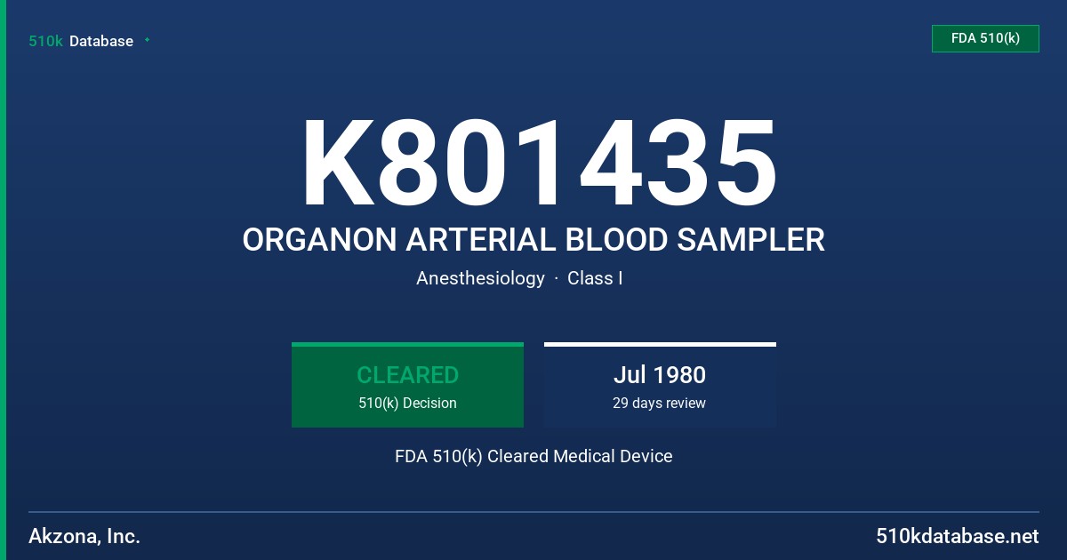 K801435 ORGANON ARTERIAL BLOOD SAMPLER FDA 510(k) Cleared Medical Device