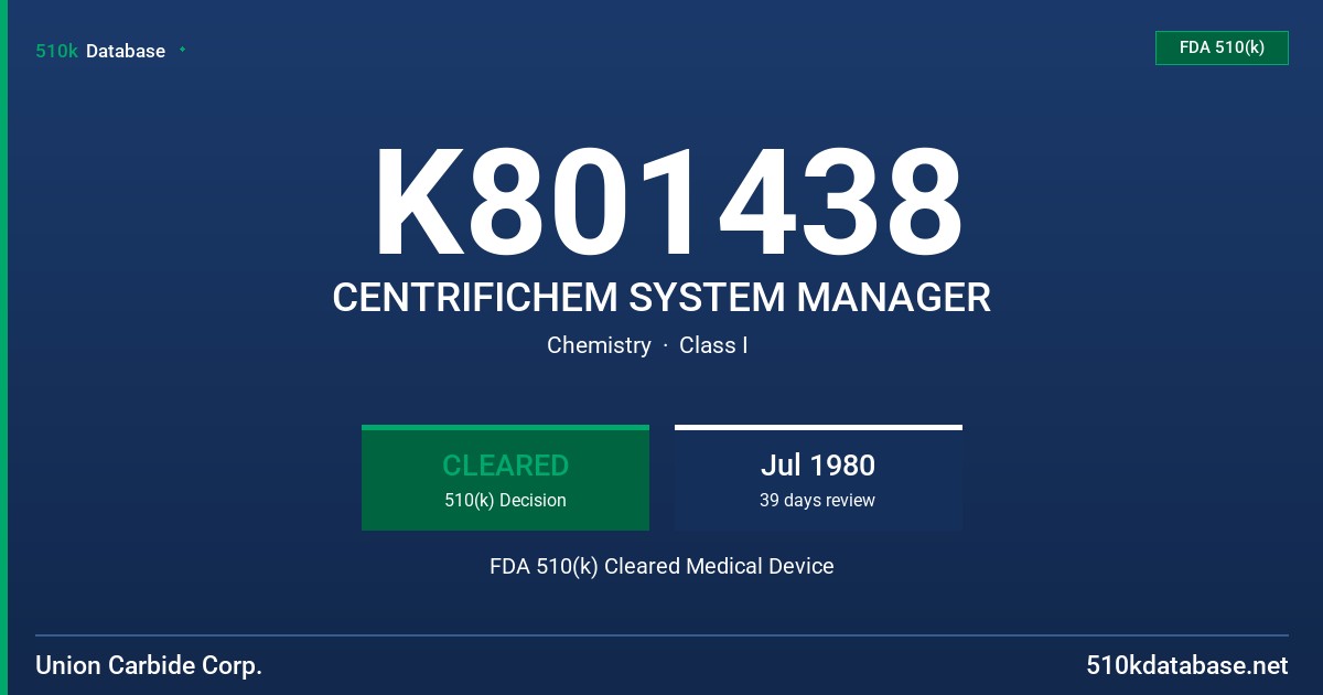 K801438 CENTRIFICHEM SYSTEM MANAGER FDA 510(k) Cleared Medical Device