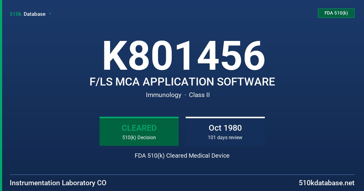 K801456 F/LS MCA APPLICATION SOFTWARE FDA 510(k) Cleared Medical Device