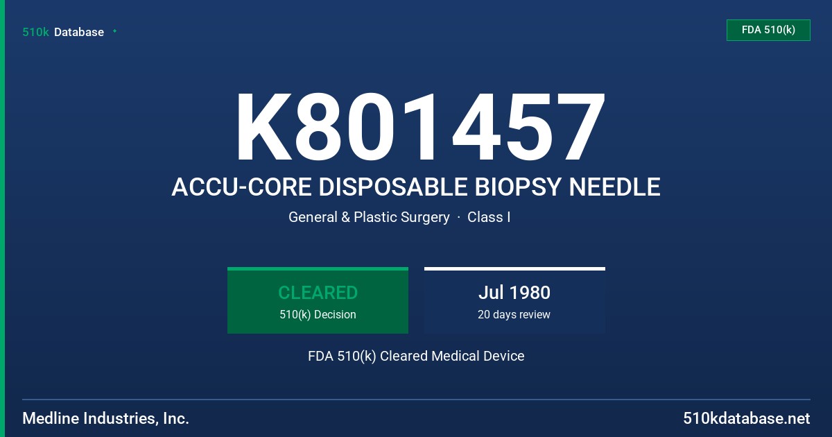 K801457 ACCU-CORE DISPOSABLE BIOPSY NEEDLE FDA 510(k) Cleared Medical Device