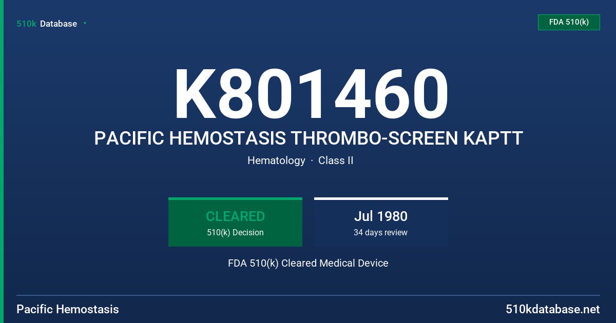 K801460 PACIFIC HEMOSTASIS THROMBO-SCREEN KAPTT FDA 510(k) Cleared Medical Device