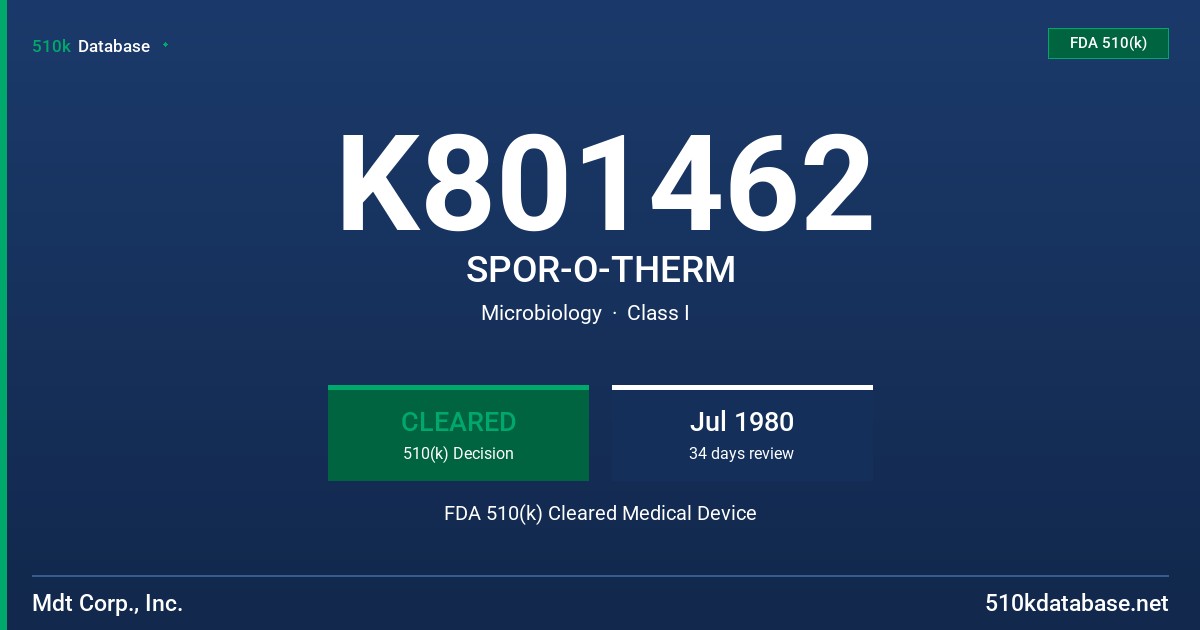 K801462 SPOR-O-THERM FDA 510(k) Cleared Medical Device