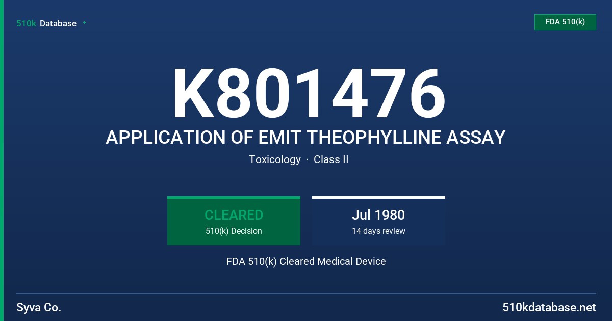 K801476 APPLICATION OF EMIT THEOPHYLLINE ASSAY FDA 510(k) Cleared Medical Device