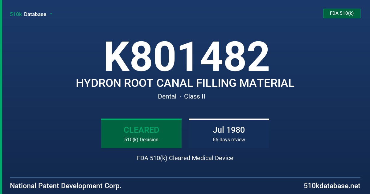 K801482 HYDRON ROOT CANAL FILLING MATERIAL FDA 510(k) Cleared Medical Device