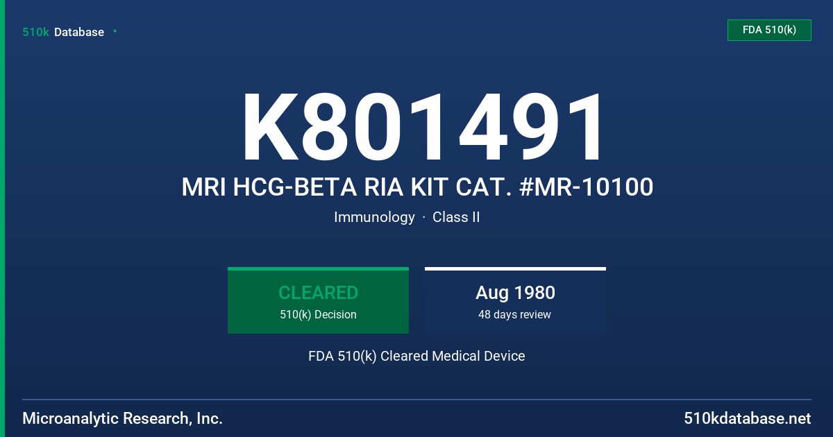 K801491 MRI HCG-BETA RIA KIT CAT. #MR-10100 FDA 510(k) Cleared Medical Device