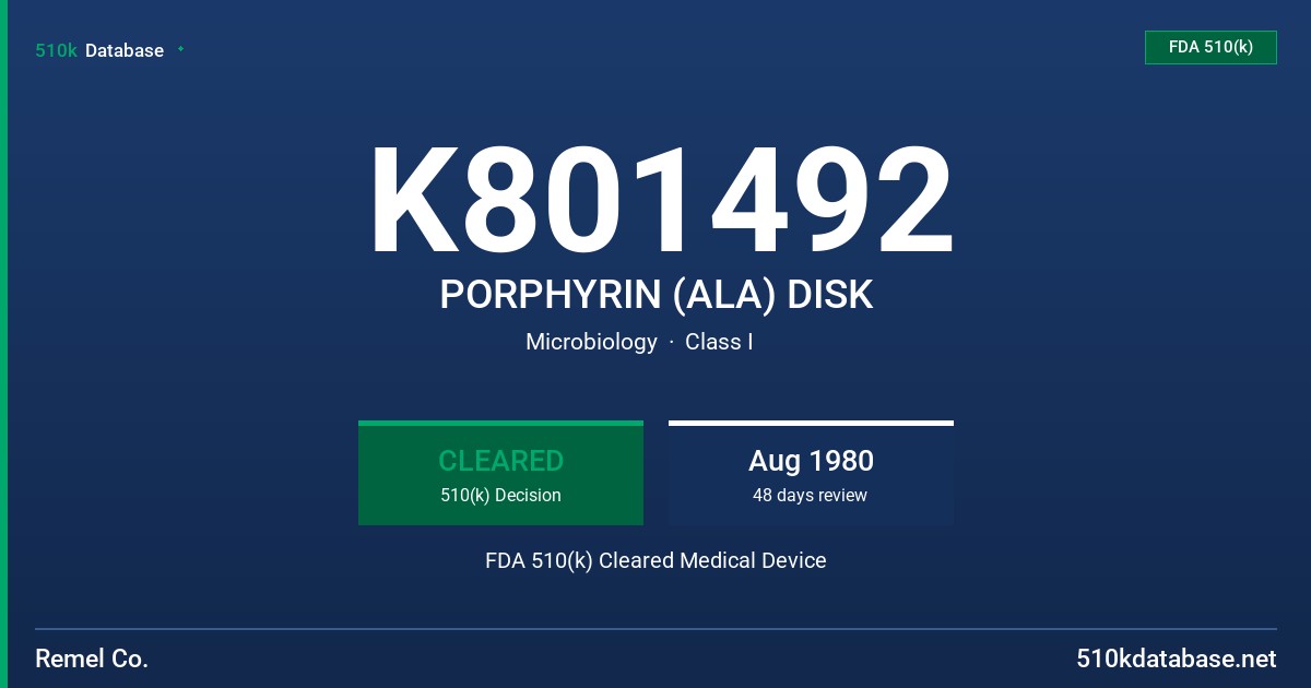 K801492 PORPHYRIN (ALA) DISK FDA 510(k) Cleared Medical Device