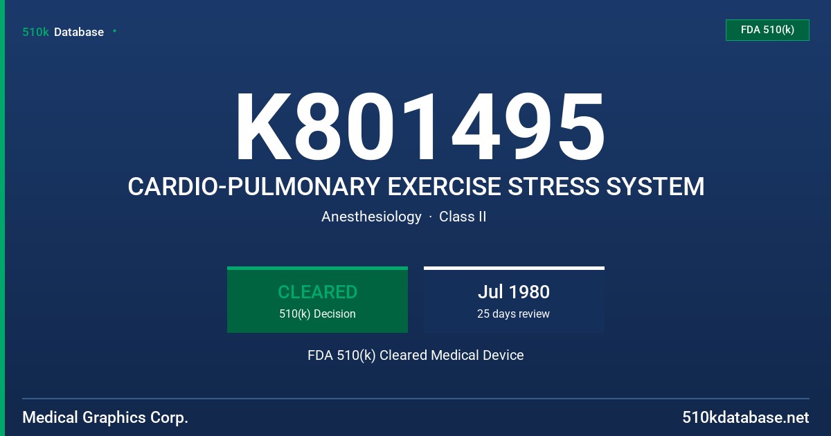 K801495 CARDIO-PULMONARY EXERCISE STRESS SYSTEM FDA 510(k) Cleared Medical Device