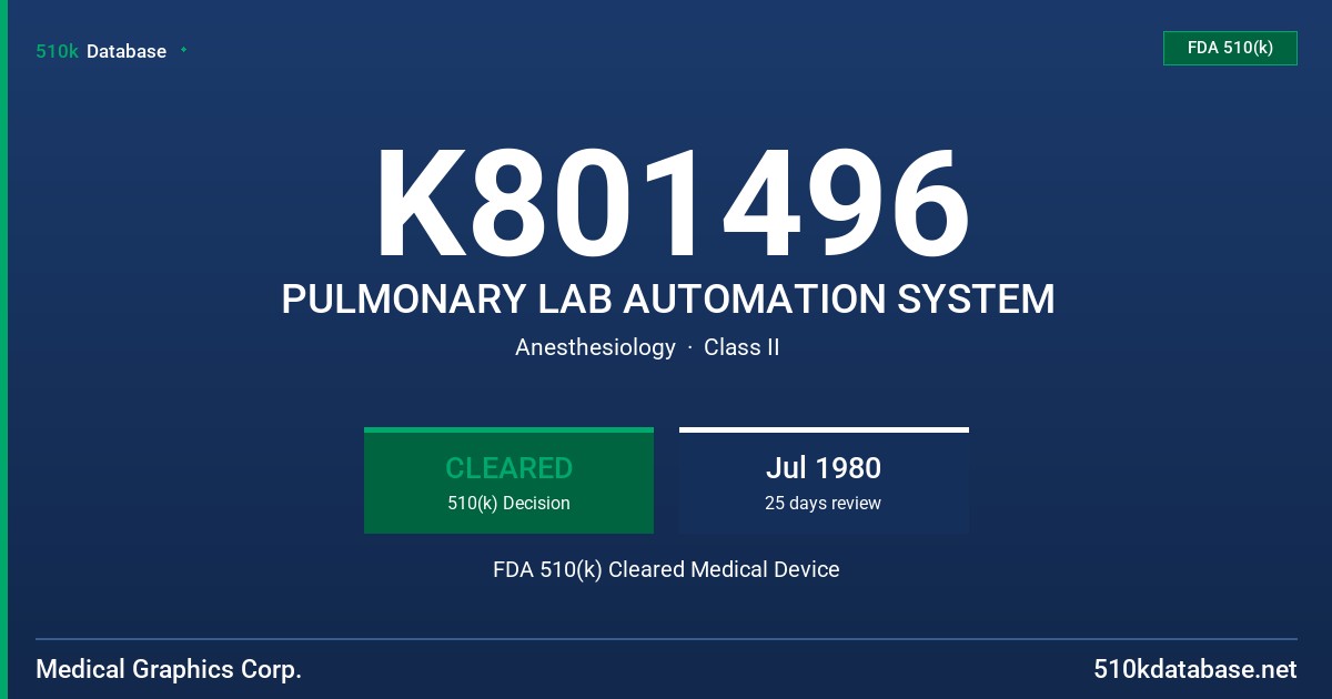 K801496 PULMONARY LAB AUTOMATION SYSTEM FDA 510(k) Cleared Medical Device